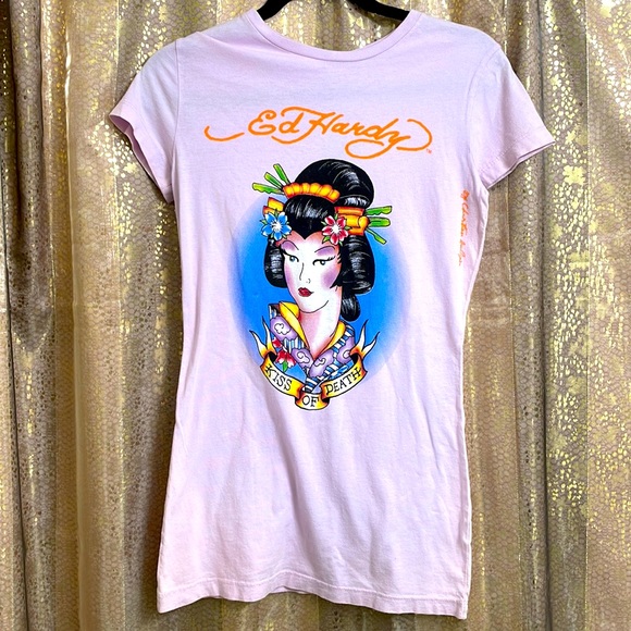 Ed Hardy Tops - NWT VTG Ed Hardy lavender t-shirt, kiss of death Geisha, size S
